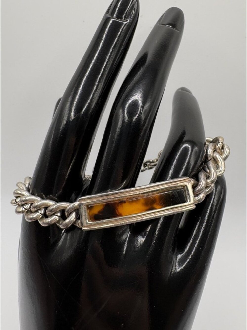 LRL Lauren Ralph Lauren Tortoise Shell Silver Tone Chain ID Bracelet Toggle